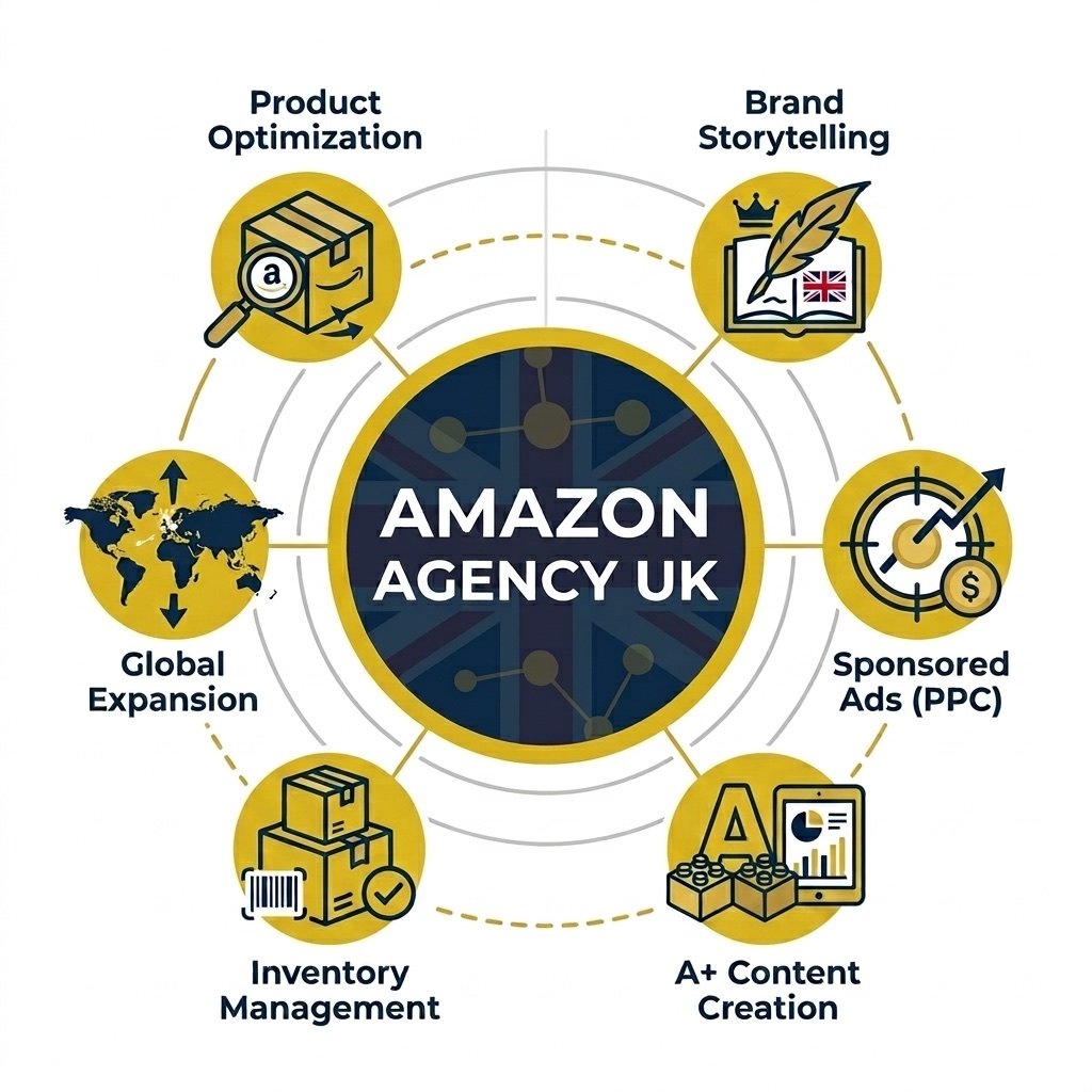 Amazon Agency UK service wheel: product optimisation, brand storytelling, sponsored ads, A+ content, inventory management and global expansion